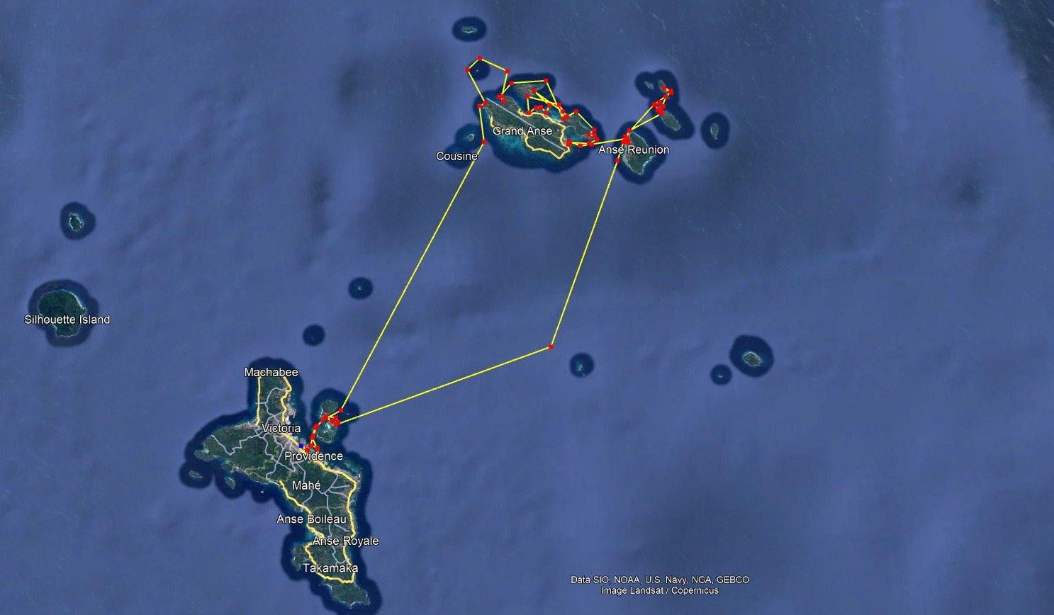 Mapa trasy plavby: Mahé — Praslin — La Digue